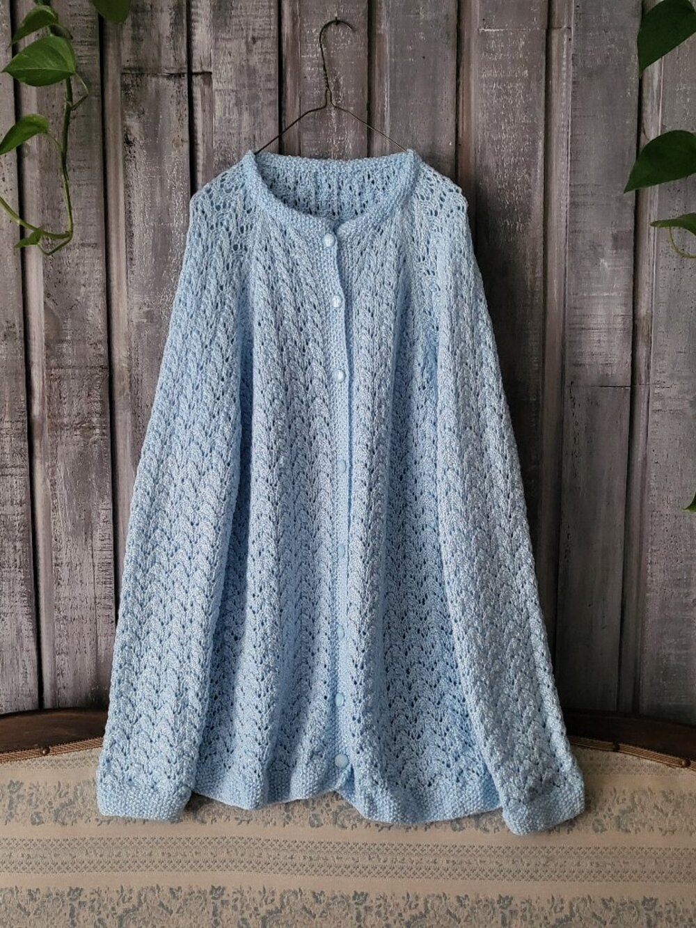 Vintage Handmade Pastel Blue Crochet Cable Knit Cardigan Sweater XL Oversized